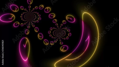 Neon clock tunnel abstract background: hypnotic time travel motion