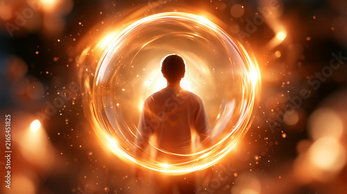 soft conceptual image of a gentle glowing shield around a human silhouette with tiny abstract particle shapes floating nearby, immune defense concept, calm not alarming, warm carin