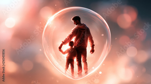 soft conceptual image of a gentle glowing shield surrounding a parent and child silhouette together, protective family immunity concept, calm and comforting, warm caring tones, fla