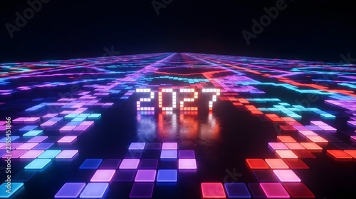 A futuristic digital landscape with neon lights and a vibrant display of colorful squares