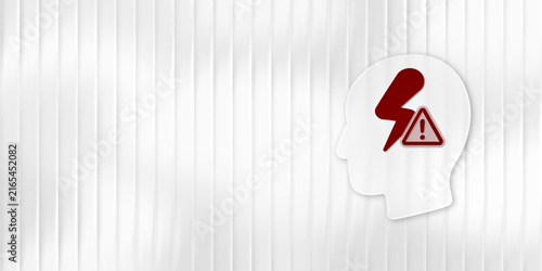 Bild auf Leinwand Conceptual illustration of migraine, mental stress, headache, and neurological disorder with a red warning sign and lightning bolt inside a white human head silhouette on white background