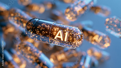 extreme close up of a single transparent drug capsule containing glowing three-dimensional lettering 