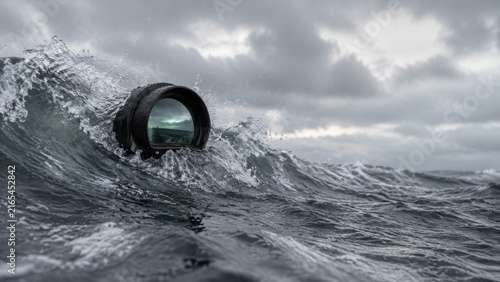 Submarine periscope lens: cinematic editorial view, rising through rough ocean waves under a concept