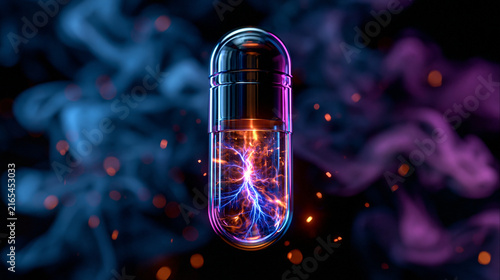 photorealistic centered shot of a glass capsule almost completely filled with a glowing radioactive substance, thick rising smoke in the background illuminated by blue and violet n