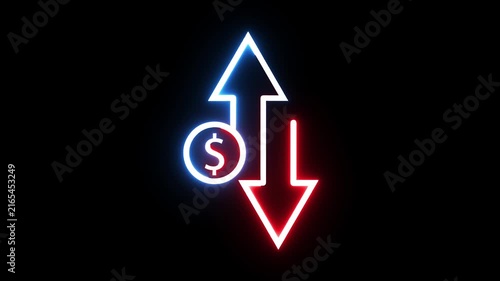 Neon dollar coin icon with up and down arrows flickering against black studio background.