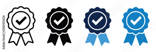 Quality Badge Icon Set, Check Mark, Award Ribbon, Certified Medal, Flat and Outline Design