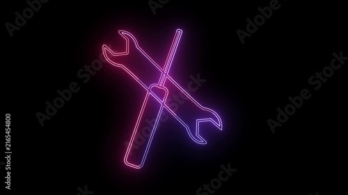 Neon wrench and screwdriver animation, glowing repair service symbol on black background