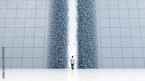 Man walking through giant wall splitting apart and disassembling into blocks revealing glowing light beyond, breakthrough, barrier removal and access concept, 3d render