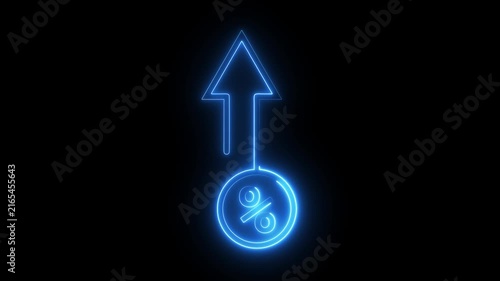 Neon blue percentage symbol icon with upward arrow animation on dark background footage.