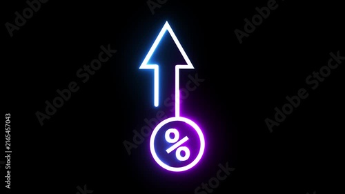 Neon percentage icon with rising arrow moving upward on black background financial motion.