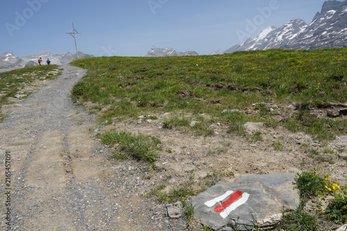 Hikers on Alpine trail leading to summit cross in Melchsee‑Frutt, Switzerland.