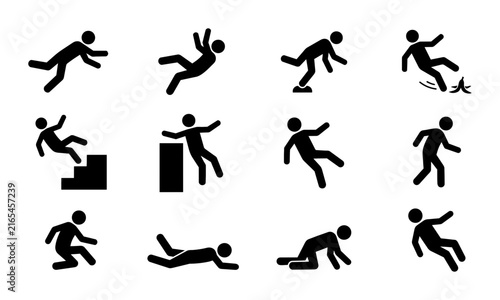 Vector Icons Set: Human Figures Falling, Slipping, Tripping, and Injury Accidents. Safety Warning Pictograms for Danger and Hazard Alerts.