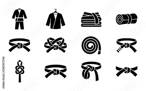 Martial Arts Uniforms and Belts Vector Icons Set, Karate Gi and Judo Kimono, Combat Sport Gear Collection, Black and White Graphic Elements