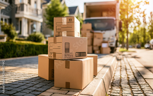 Cardboard boxes stacked on sidewalk next to moving truck parked on sunny suburban street. Brown parcel containers wait for loading during house relocation process. Residential neighborhood road