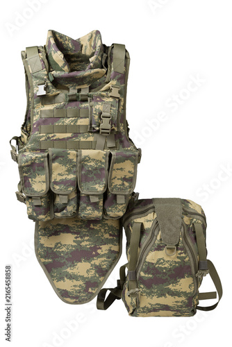 Fotografie Tactical body armor vest with groin protector and backpack isolated on white background