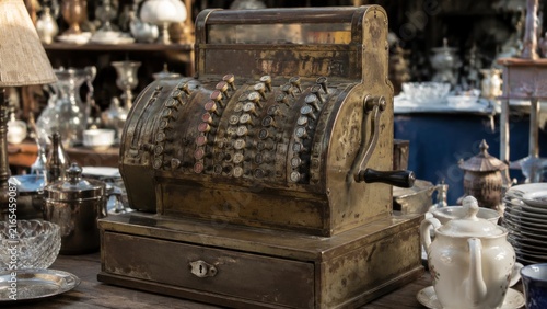 Old cash register brass: close detailed view, on a polished wooden counter inside an elegant concept