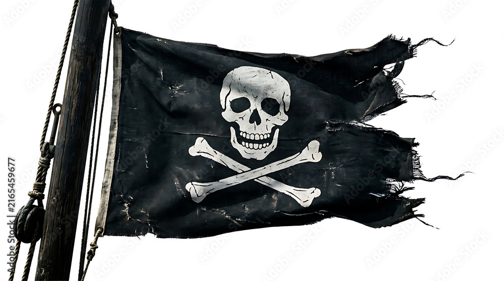 Naklejka premium Black pirate flag with white skull and crossbones waving in the wind isolated on transparent background