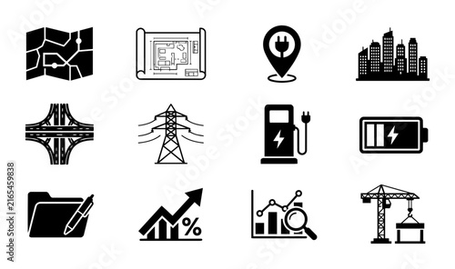 Urban Infrastructure and Energy Icons: Cityscape, Power Grid, EV Charging, Battery, Map, Blueprint, Construction Crane, Analytics, Folder