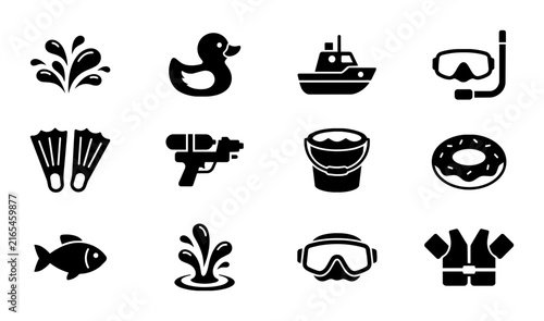 Summer Fun Icons: Water Splash, Rubber Duck, Boat, Snorkel Gear, Flippers, Water Gun, Bucket, Inner Tube, Fish, Diving Mask, Life Vest - Vector Set