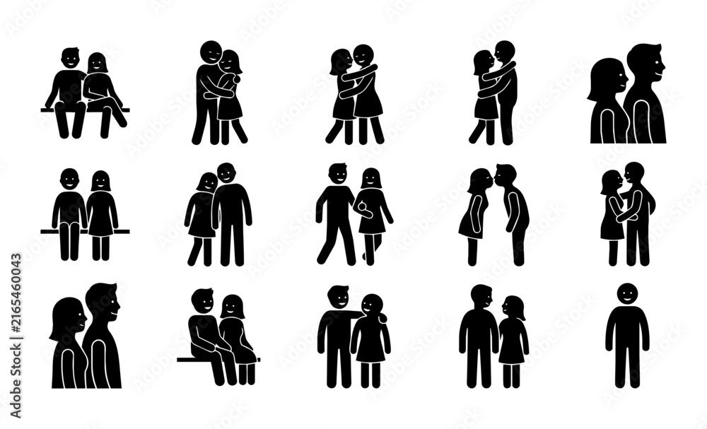 Obraz premium Romantic Couple Stick Figures Vector Icons, Love Relationship Poses, Intimate Embrace Silhouettes, Valentine's Day Graphics, 15 Elements
