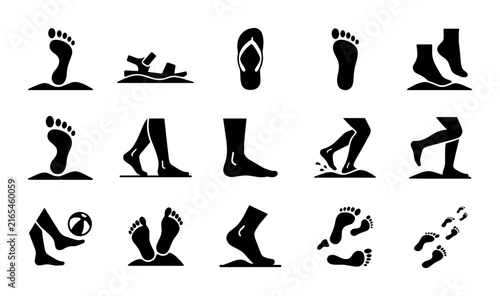 Foot Icon Set: Diverse Human Foot and Leg Silhouettes, Walking, Standing, Beach Sandals, Flip Flops, Footprints, Vector Graphics for Health, Fitness, Travel, and Sports Concepts