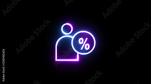 Neon user percentage symbol glowing against dark black background for digital interface app.