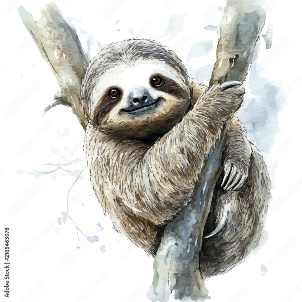 Naklejka premium Sloth, watercolor vector, clipart, isolated on a white background.