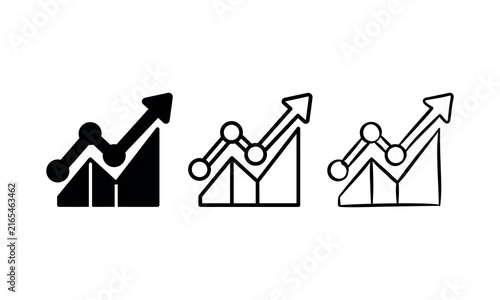 Bar chart with upward trending arrow icon set, solid and outline style design