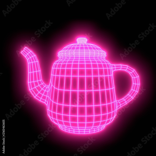 Teapot futuristic wireframe 3D model. Low poly object. Connection structure. Polygonal mesh teapot. Digital hologram on dark background. 3D render