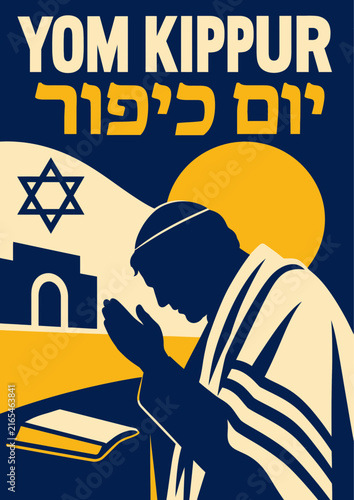 Foto 099-27-Yom kippur symbols with shofar, open book, and synagogue under moon