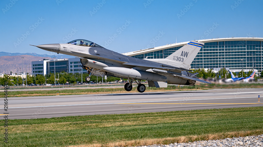 Fototapeta premium F16 fighter jet taking off from a military runway, landing gear just leaving the ground, powerful engine exhaust distortion, airport buildings in the background, dramatic low angle view, ultra photo