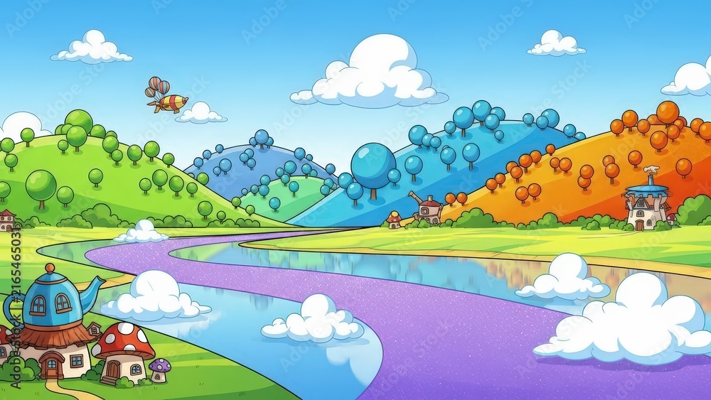 Obraz premium Fantasy landscape with colorful rolling hills, a purple river, mushroom houses, a teapot home, and a flying vehicle in a bright sky
