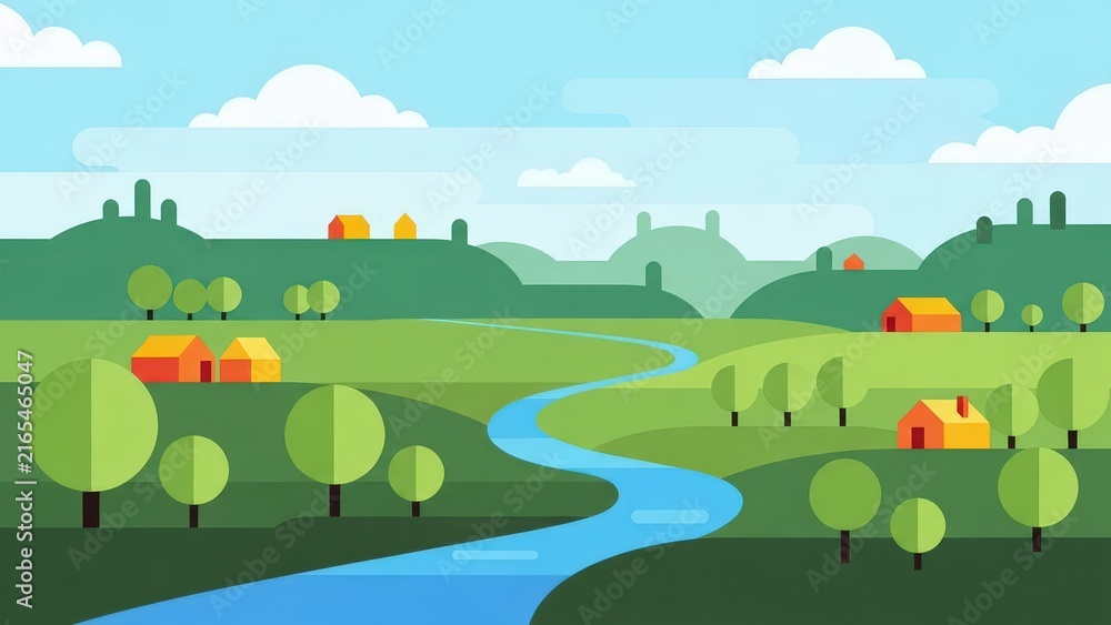 Obraz premium Flat of a rural landscape with a winding blue river, green rolling hills, small houses, and trees under a sunny sky