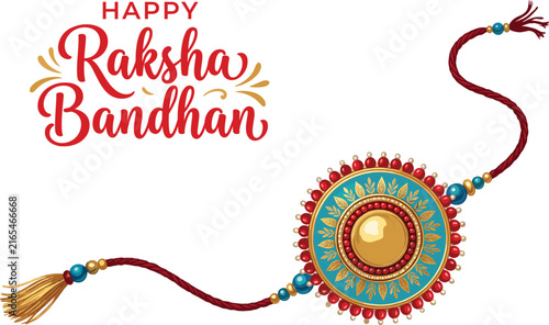 Happy Raksha Bandhan Festival Greeting with Traditional Rakhi Thread and Typography Isolated on White