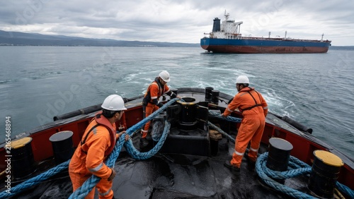 Tugboat towing line: natural side angle, Professional deck crew handling a thick towing line aboard