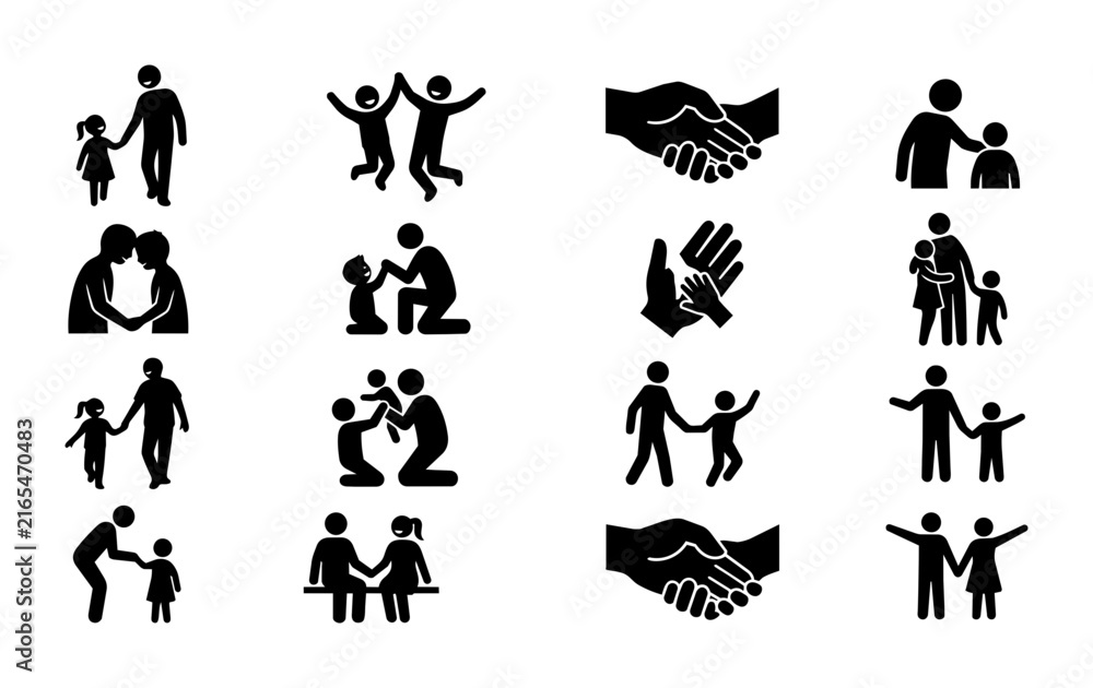 Fototapeta premium Family and Friendship Icons: 16 Diverse Vector Graphics for Connection, Support, and Love, Representing Relationships and Community