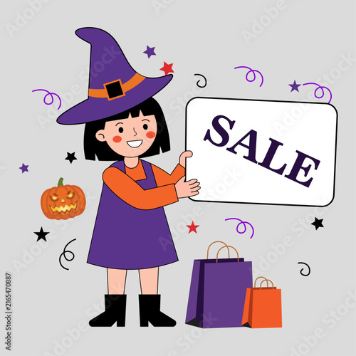 Halloween Witch Holding Sale Sign for Holiday Shopping Promotion