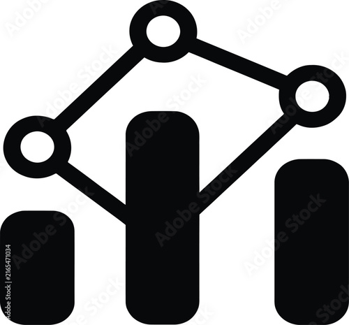 Minimalist bar chart icon featuring connected nodes representing data analytics and business performance metrics tracking with overlaid network connected
