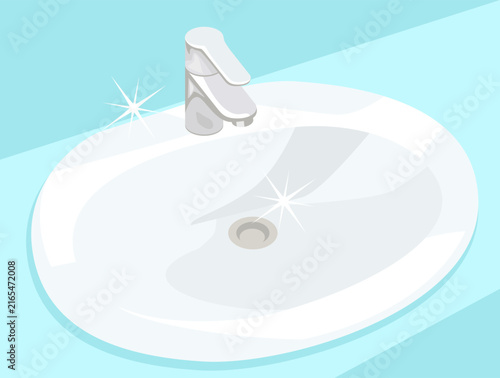 Clean white sink with faucet, vector illustration. Bathroom interior design element