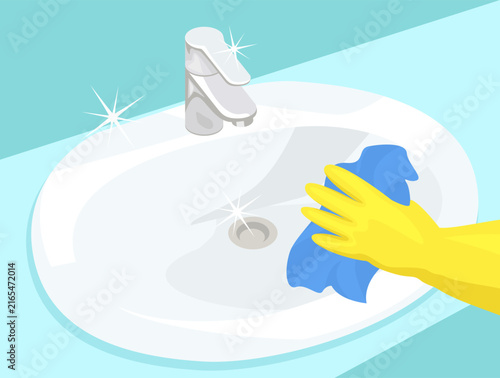 Cleaning a white sink with yellow gloves and blue rag, vector illustration.