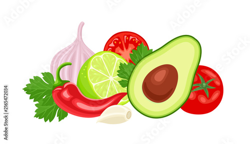 Fresh guacamole ingredients, isolated vector illustration. Mexican food design elements.