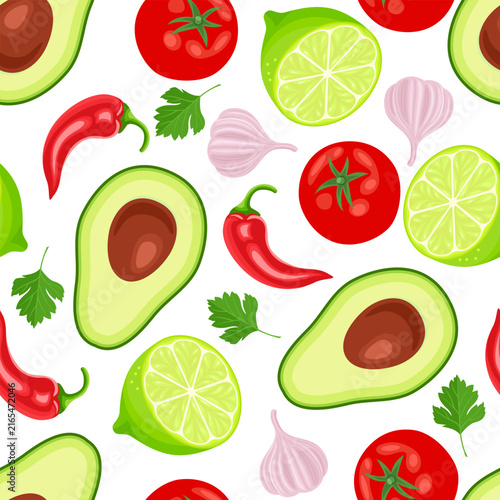 Guacamole ingredients seamless pattern, white background, vector illustration.