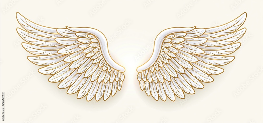 Naklejka premium Elegant gold and white angel wings with a soft glow, perfect for festive and spiritual holiday designs.