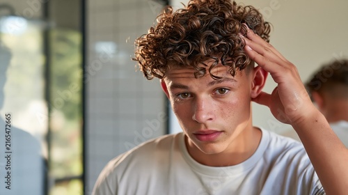 A young man's hand massaging a few drops of hair serum into his scalp in front of a bathroom mirror, focused determined expression, natural morning light