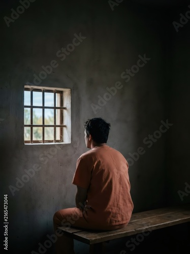 Man prisoner sitting on bench looking through barred window in dark jail cell. Solitude and hopelessness concept. Justice detention and imprisonment for crime punishment