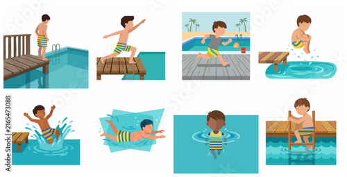 Vector illustration set of a young boy swimming, jumping, and playing in a swimming pool during summer vacation