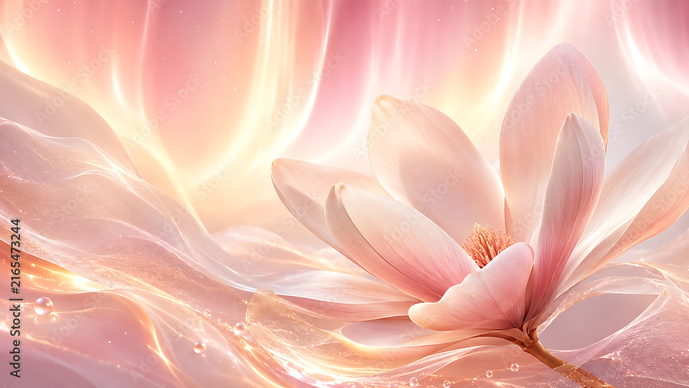 Obraz premium Ethereal pink lotus flower blooming in soft golden light with abstract background.