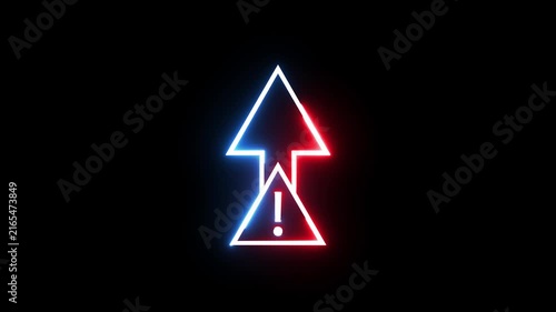 Neon upward arrow with exclamation warning sign flashing on black background motion video.