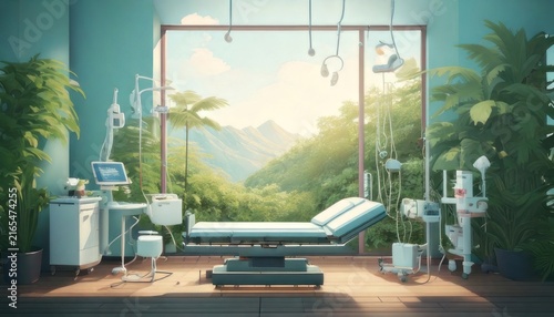 Serene Medical Clinic Interior with Nature View and Modern Equipment.