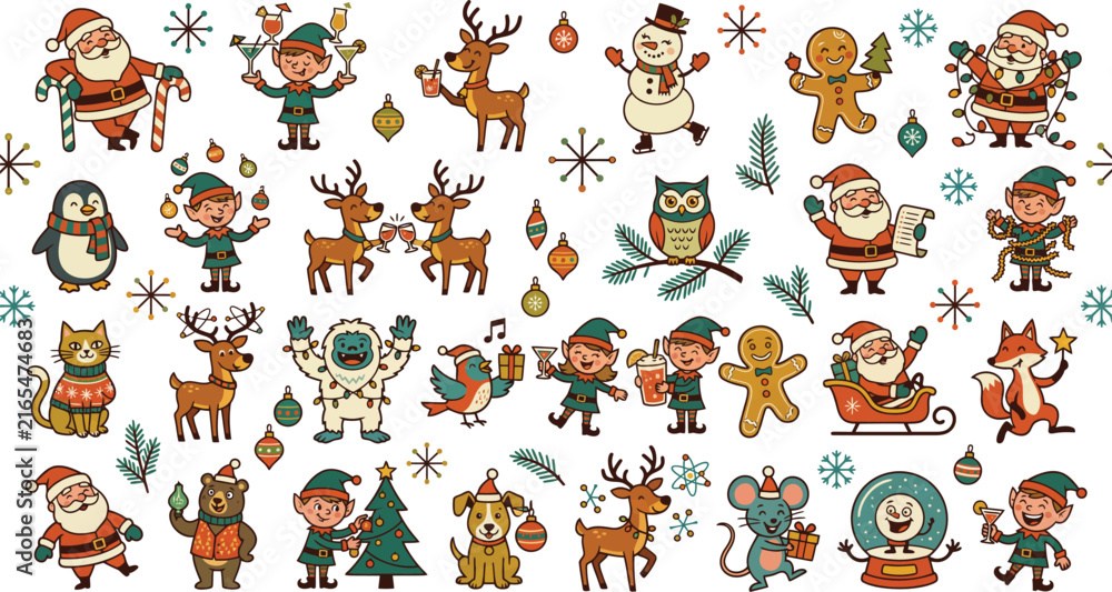 Fototapeta premium Set of cute hand drawn christmas characters including santa claus reindeer elves snowman penguin and various festive holiday animals collection